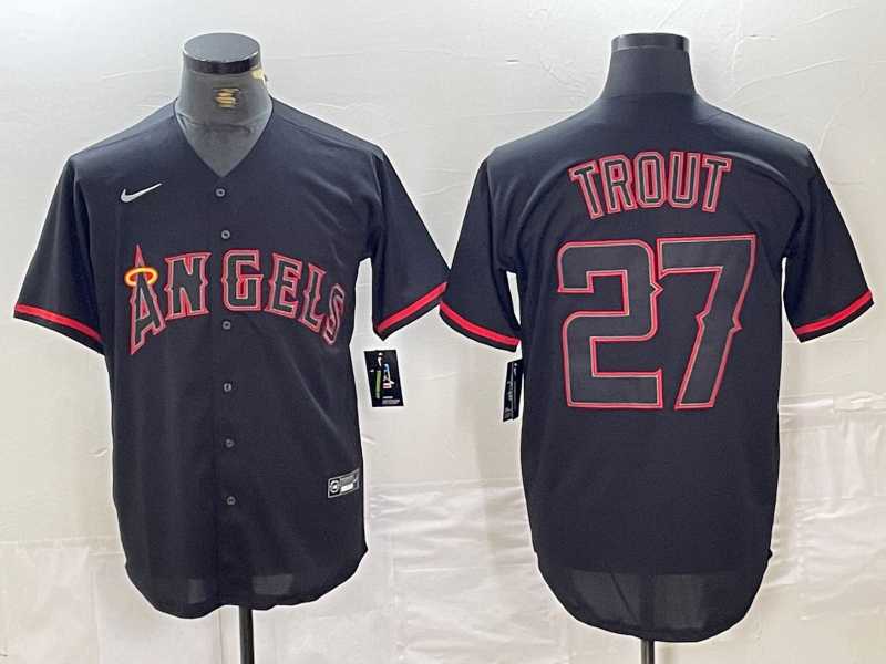 Men%27s Los Angeles Angels #27 Mike Trout Lights Out Black Fashion Cool base Nike Jersey